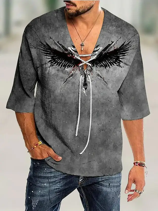 Men V-Neck Printed Cotton T-Shirt Blue 34F - Image 20