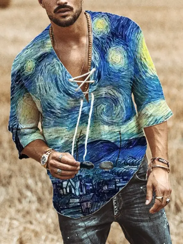 Men V-Neck Printed Cotton T-Shirt Blue 34F - Image 21