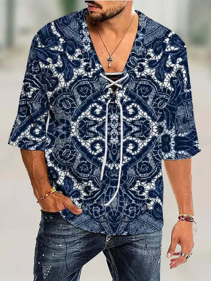 Men V-Neck Printed Cotton T-Shirt Blue 34F - Image 22