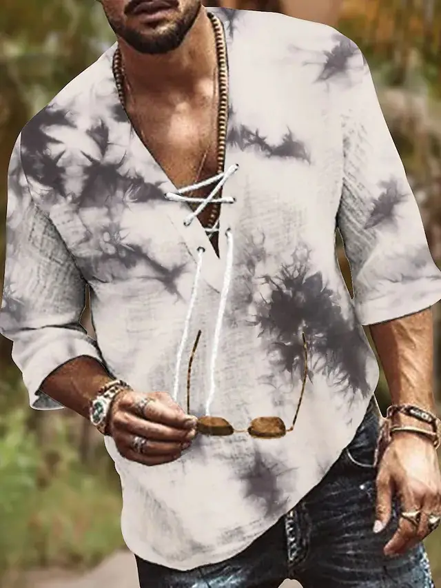 Men V-Neck Printed Cotton T-Shirt Blue 34F - Image 23