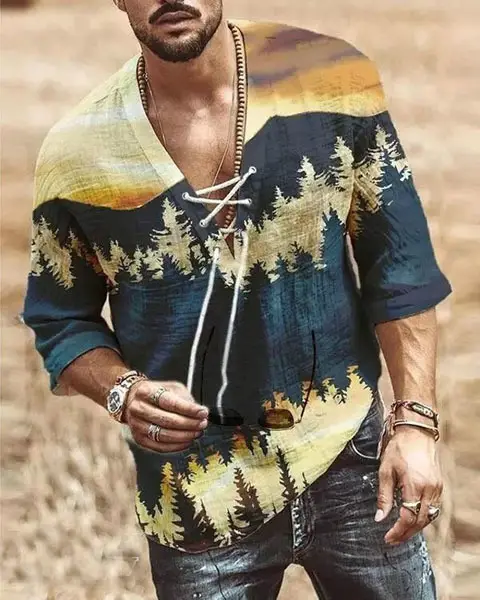 Men V-Neck Printed Cotton T-Shirt Blue 34F - Image 24