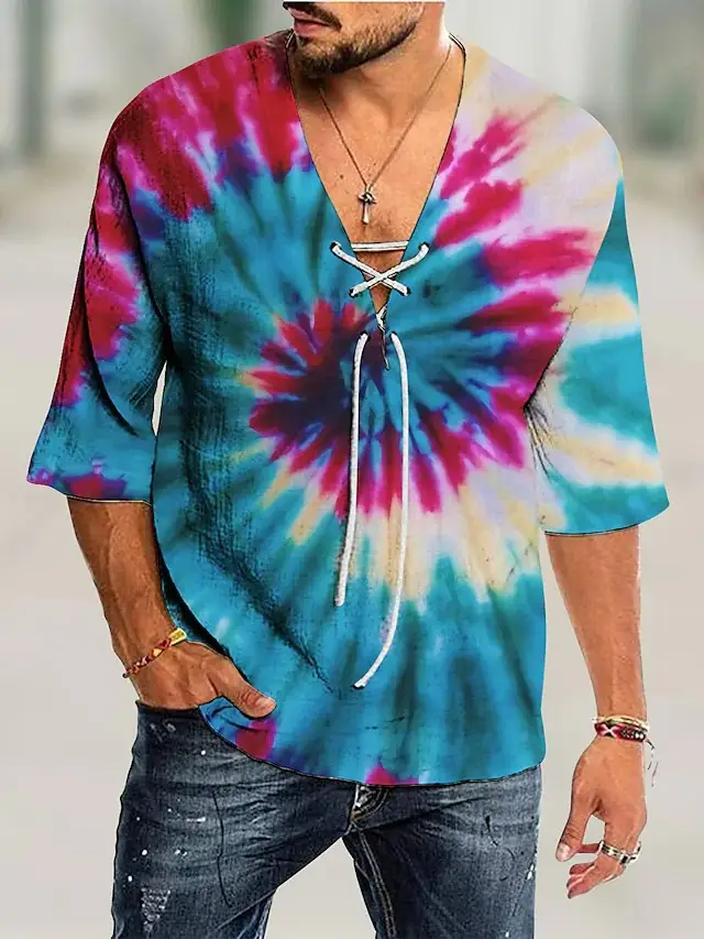 Men V-Neck Printed Cotton T-Shirt Blue 34F - Image 25