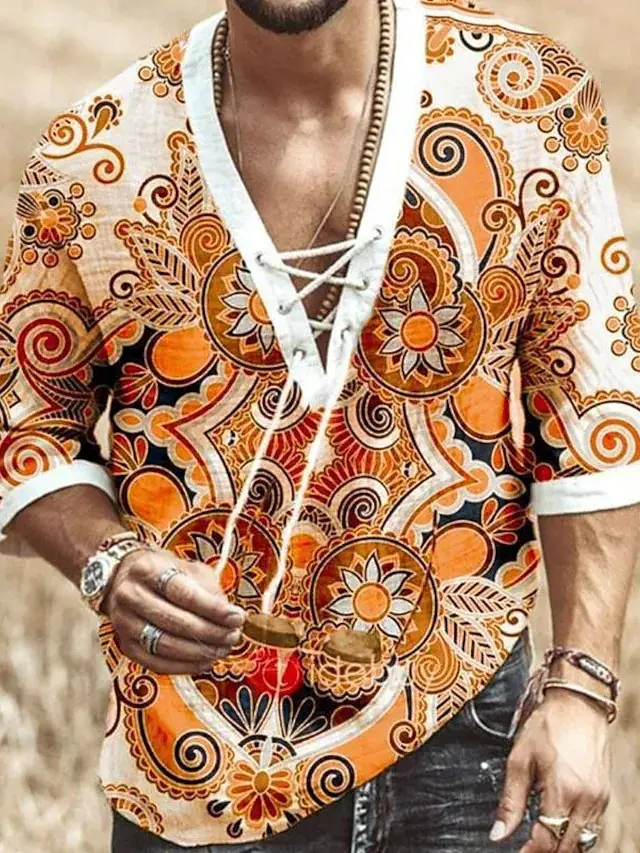 Men V-Neck Printed Cotton T-Shirt Blue 34F - Image 26