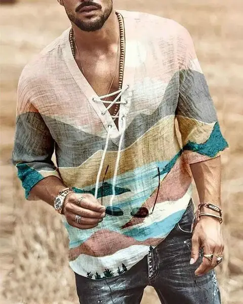 Men V-Neck Printed Cotton T-Shirt Blue 34F - Image 27