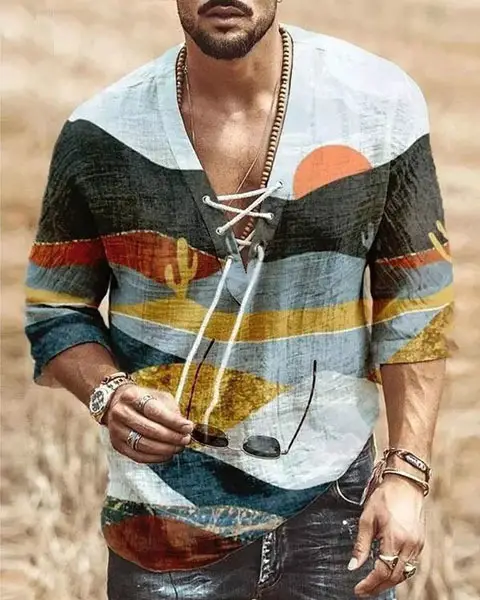 Men V-Neck Printed Cotton T-Shirt Blue 34F - Image 28