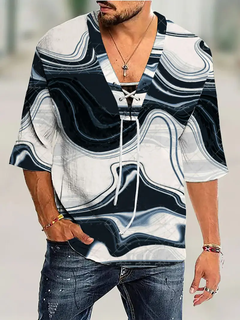 Men V-Neck Printed Cotton T-Shirt Blue 34F - Image 29