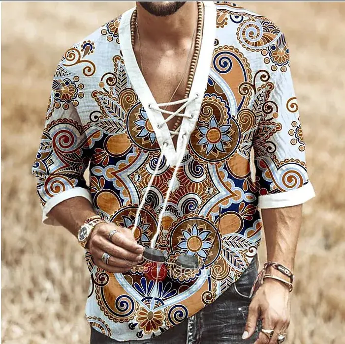 Men V-Neck Printed Cotton T-Shirt Blue 34F - Image 3