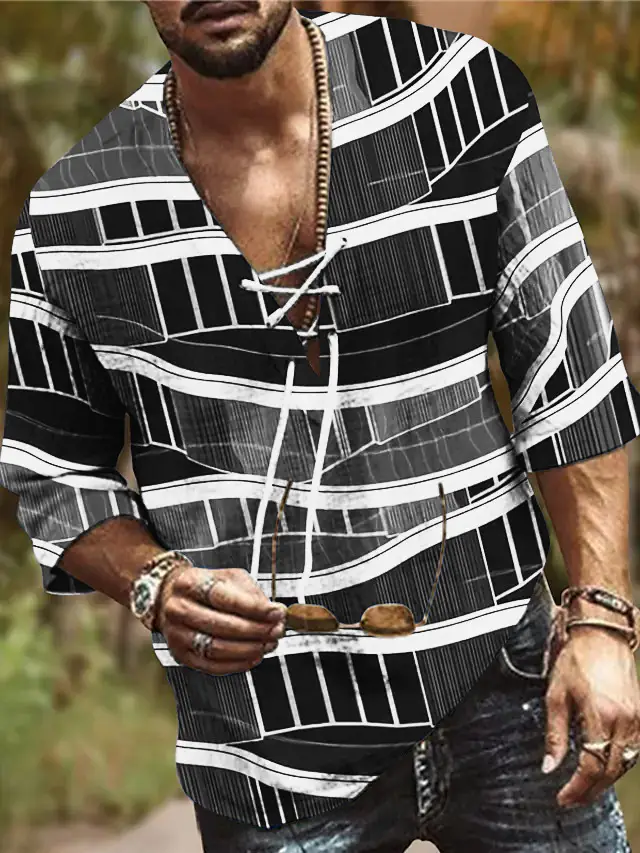 Men V-Neck Printed Cotton T-Shirt Blue 34F - Image 30