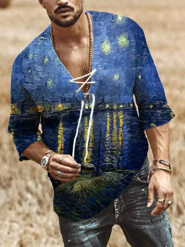 Men V-Neck Printed Cotton T-Shirt Blue 34F - Image 31