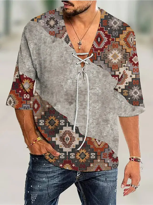 Men V-Neck Printed Cotton T-Shirt Blue 34F - Image 32