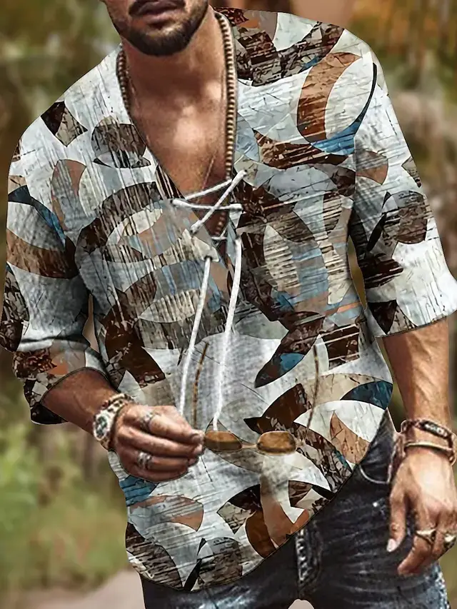 Men V-Neck Printed Cotton T-Shirt Blue 34F - Image 33