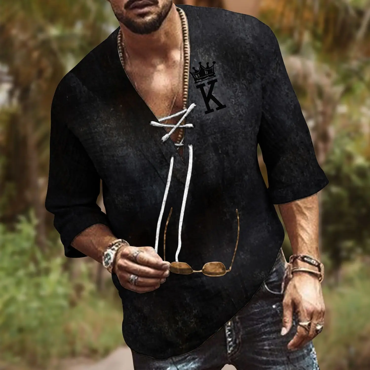 Men V-Neck Printed Cotton T-Shirt Blue 34F - Image 4