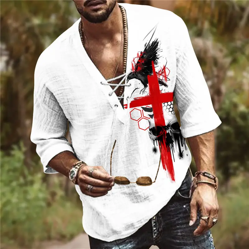 Men V-Neck Printed Cotton T-Shirt Blue 34F - Image 5