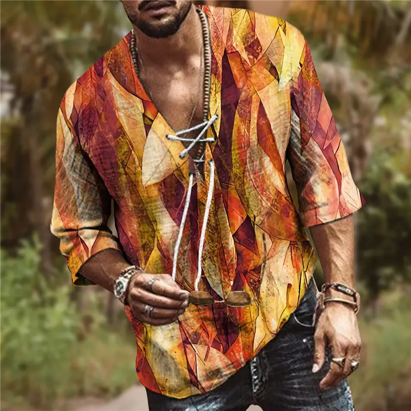 Men V-Neck Printed Cotton T-Shirt Blue 34F - Image 6