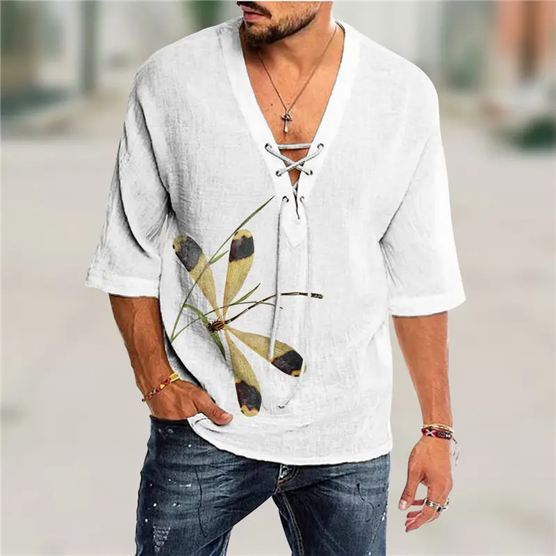 Men V-Neck Printed Cotton T-Shirt Blue 34F - Image 7