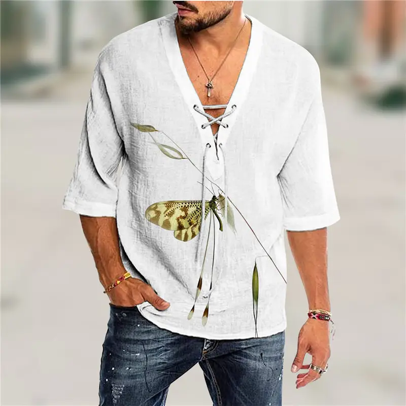 Men V-Neck Printed Cotton T-Shirt Blue 34F - Image 8