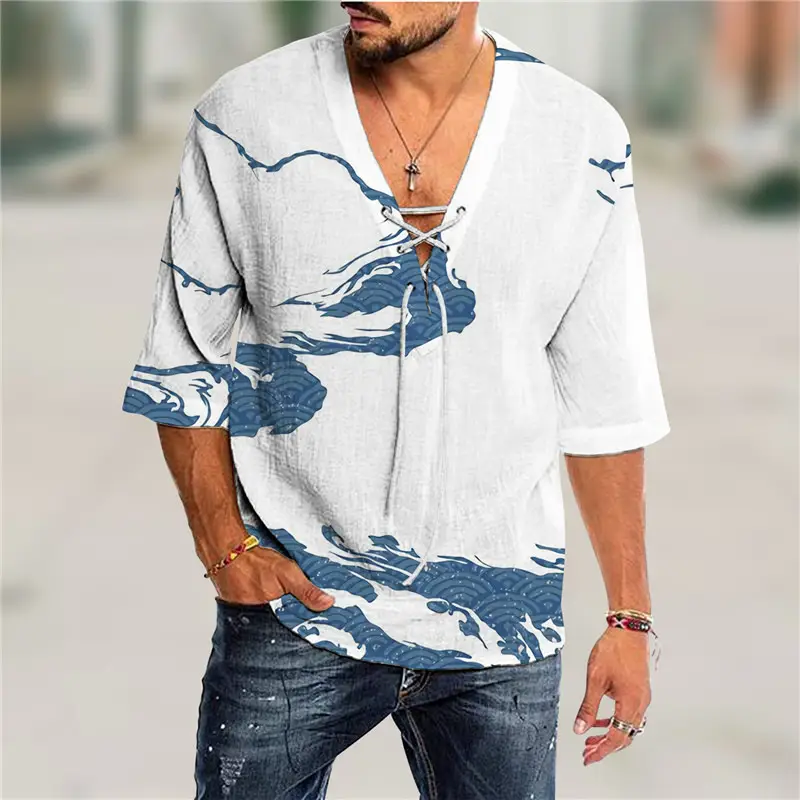 Men V-Neck Printed Cotton T-Shirt Blue 34F - Image 9
