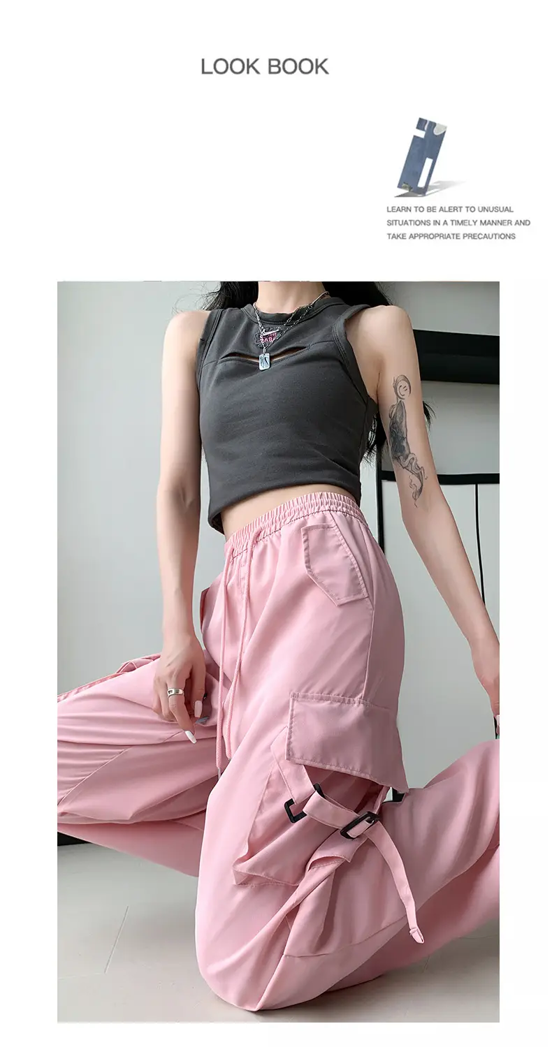 Women Pink Loose Casual Pants Set with Drawstring Waist — feature 14