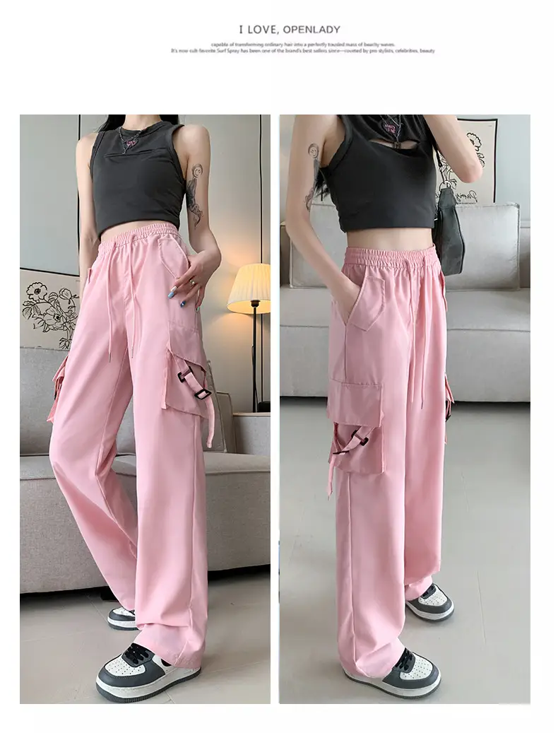Women Pink Loose Casual Pants Set with Drawstring Waist — feature 15