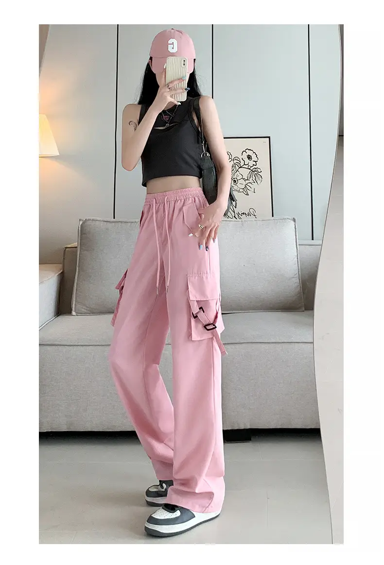 Women Pink Loose Casual Pants Set with Drawstring Waist — feature 16