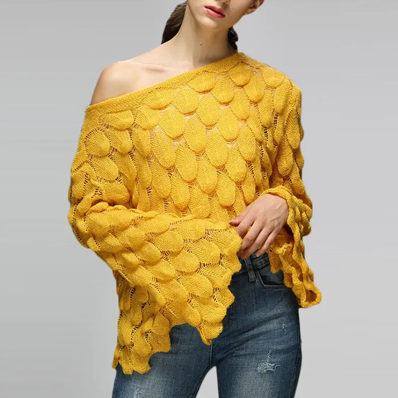 Yellow Hollow Knitted Pullover Sweater for Women - Image 7