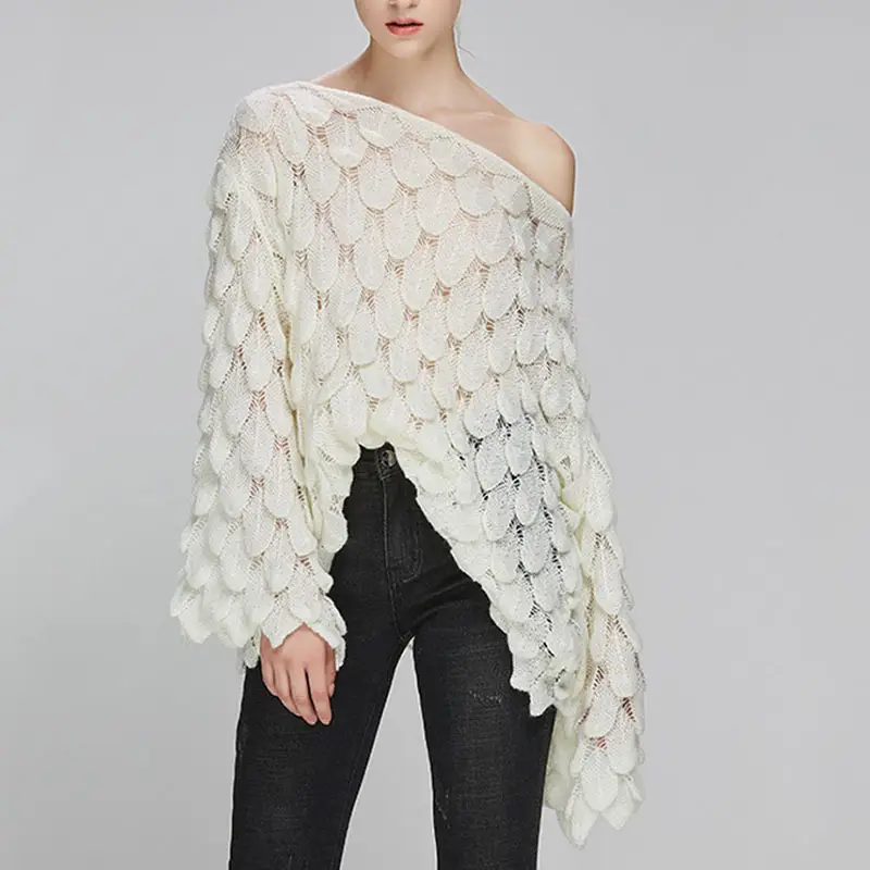 Yellow Hollow Knitted Pullover Sweater for Women - Image 8
