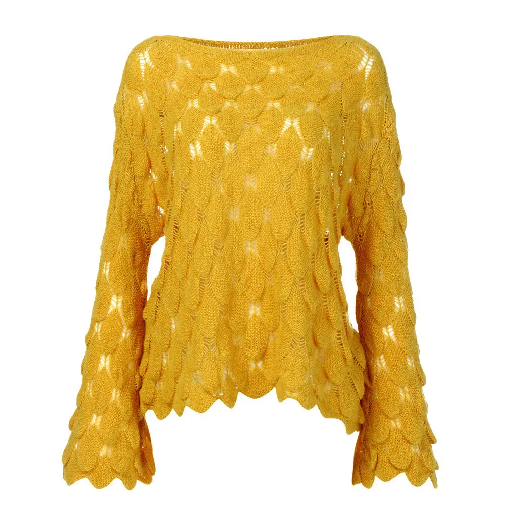 Yellow Hollow Knitted Pullover Sweater for Women - Image 2