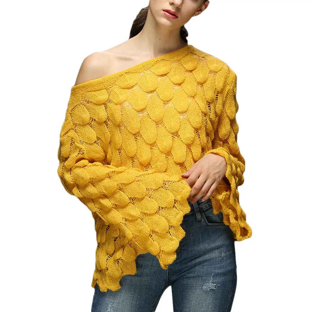 Yellow Hollow Knitted Pullover Sweater for Women — feature 10