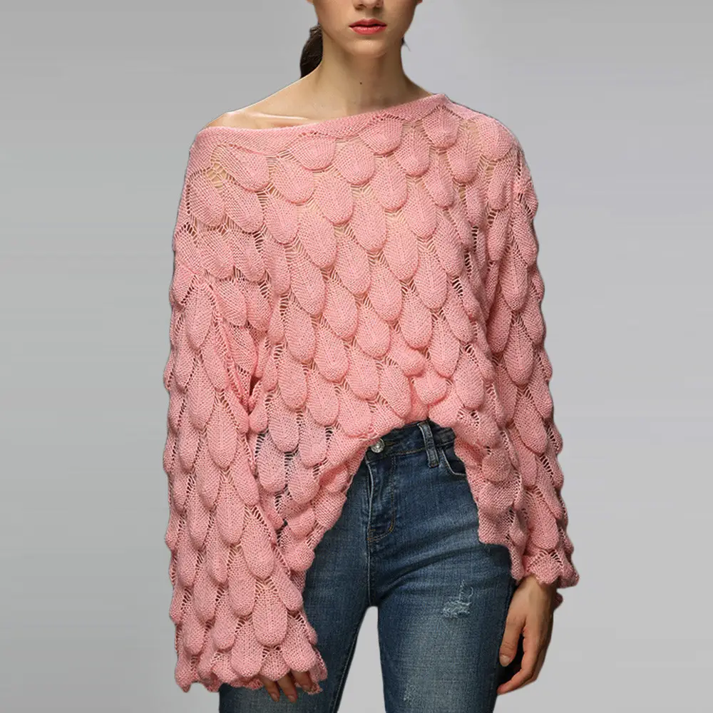 Yellow Hollow Knitted Pullover Sweater for Women — feature 13