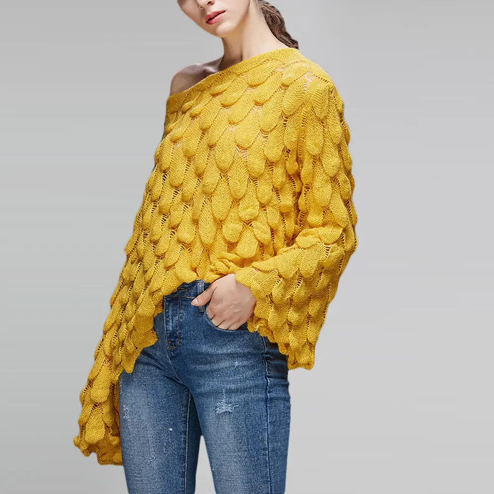 Yellow Hollow Knitted Pullover Sweater for Women — feature 18