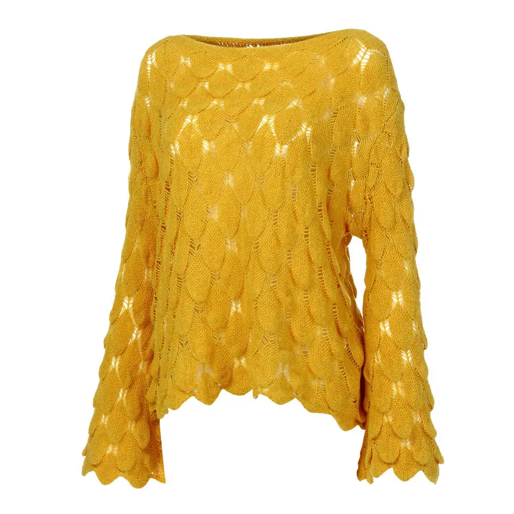 Yellow Hollow Knitted Pullover Sweater for Women — feature 22