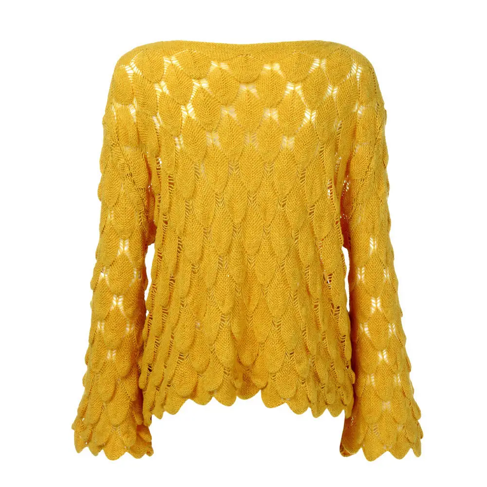 Yellow Hollow Knitted Pullover Sweater for Women — feature 23