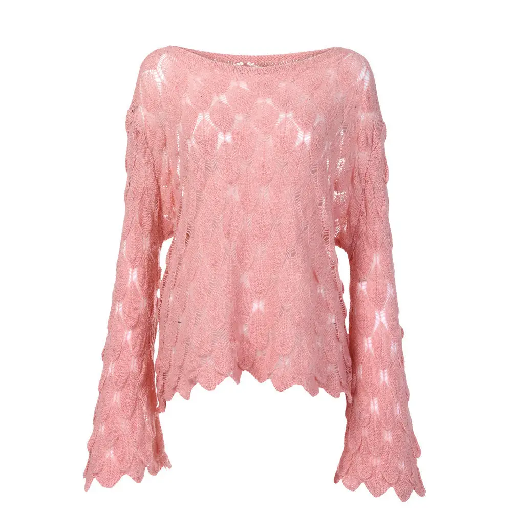 Yellow Hollow Knitted Pullover Sweater for Women — feature 24