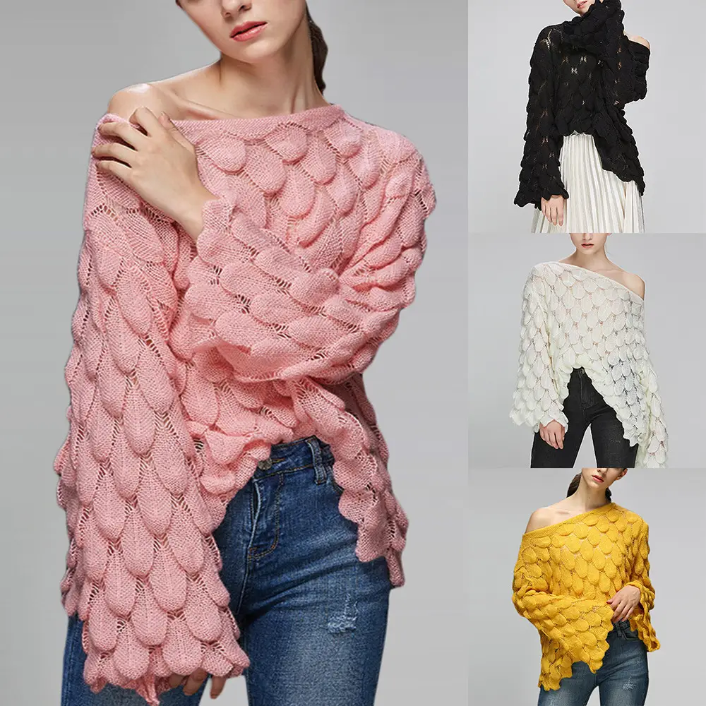 Yellow Hollow Knitted Pullover Sweater for Women — feature 4