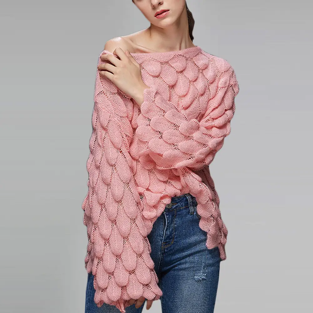 Yellow Hollow Knitted Pullover Sweater for Women — feature 5