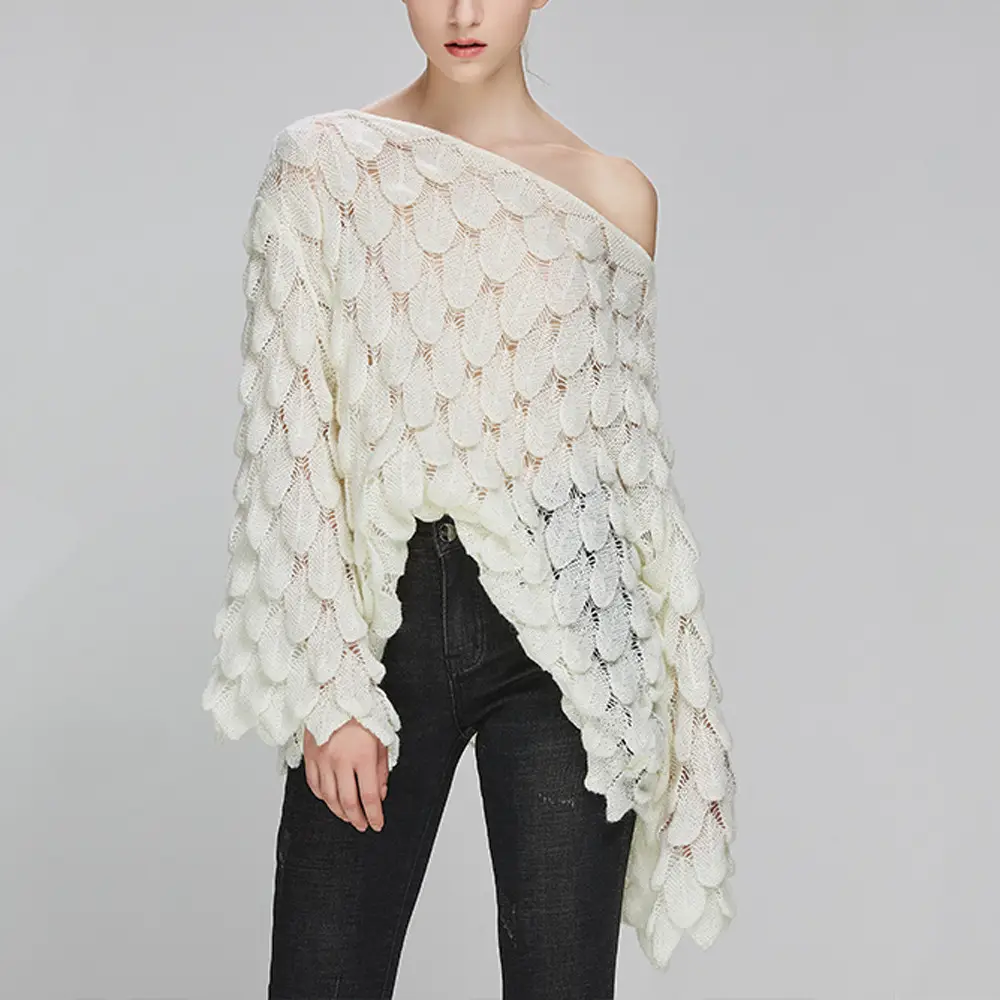 Yellow Hollow Knitted Pullover Sweater for Women — feature 7