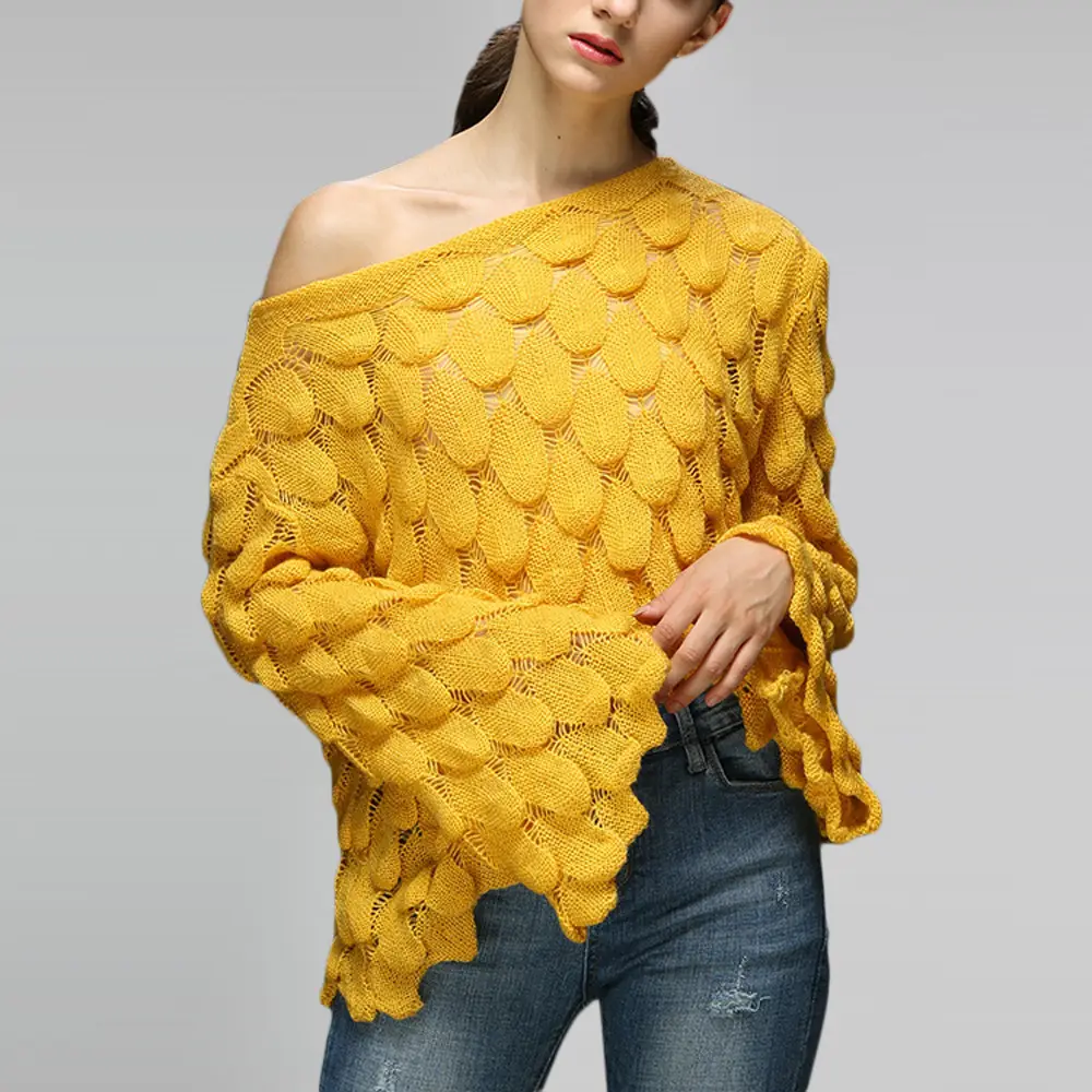 Yellow Hollow Knitted Pullover Sweater for Women — feature 8