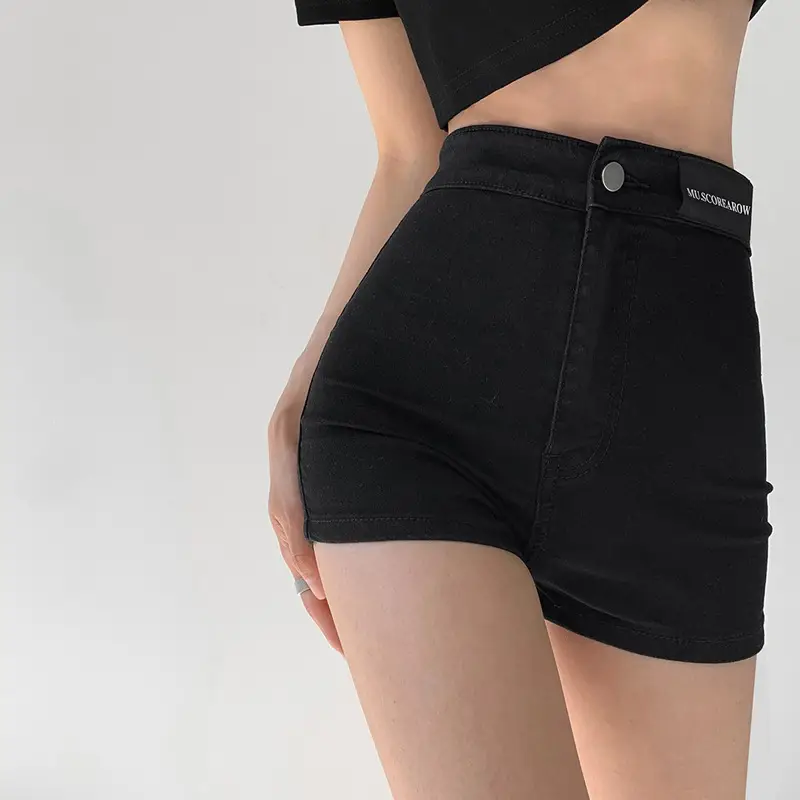 Women Black Slim Fit High Waist Denim Shorts - Image 2