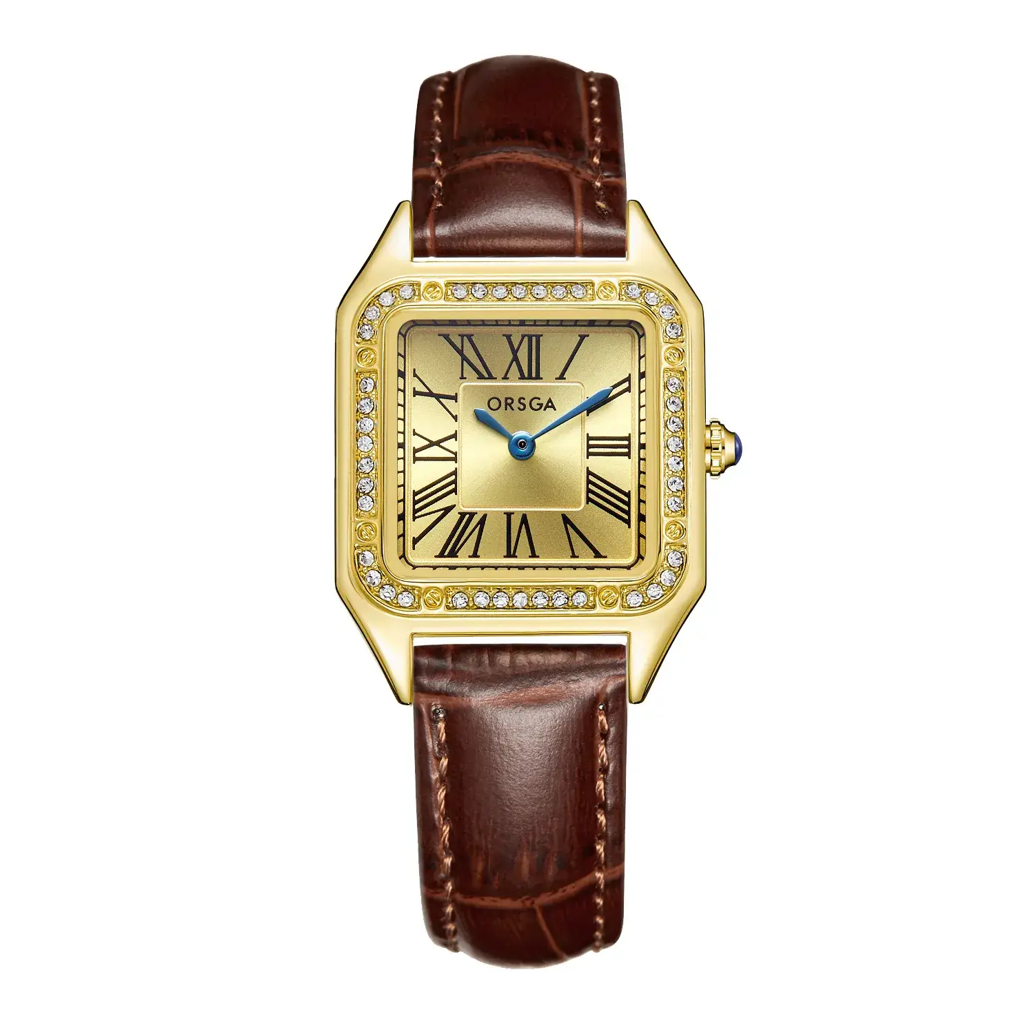 Brown leather belt gold shell gold face