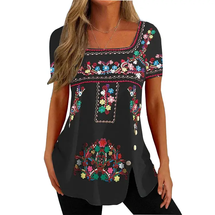 Women Ethnic Button Split Top Black Summer Wear - Image 12