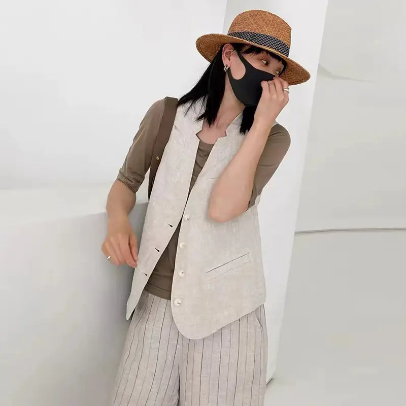 Women's 2024 Summer Linen Vest with Straw Hat - Image 4