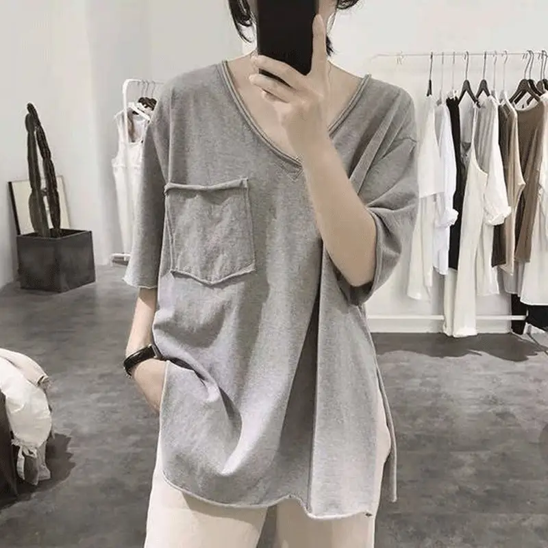 Women Black V-Neck Short Sleeve T-Shirt 2022 Summer - Image 4