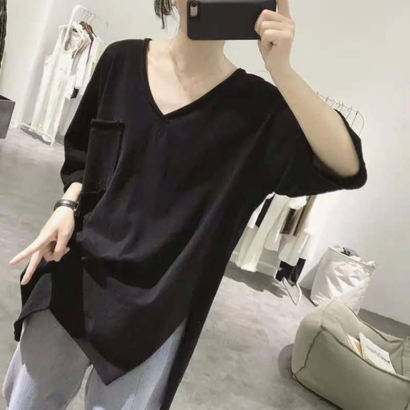 Women Black V-Neck Short Sleeve T-Shirt 2022 Summer — feature 4