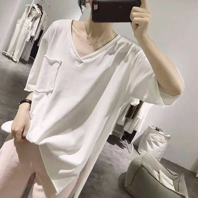 Women Black V-Neck Short Sleeve T-Shirt 2022 Summer - Image 3