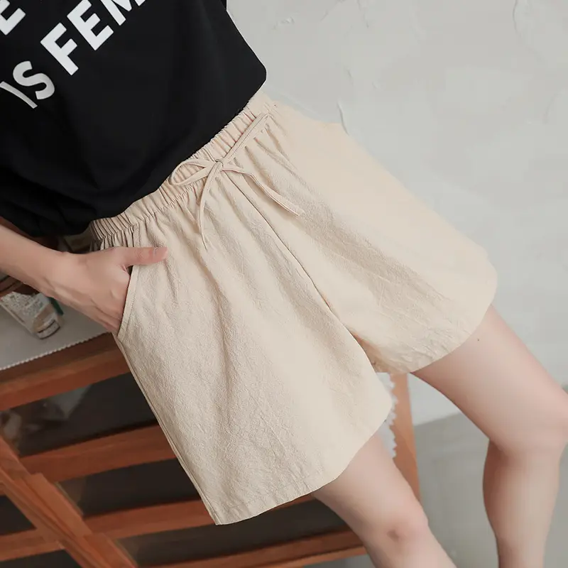 Women Cotton Linen Wide Leg Shorts Summer Large