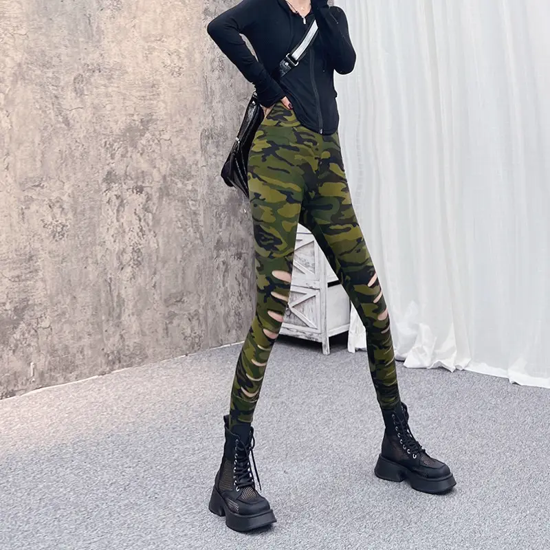 Women Camouflage Ripped Leg Pants Slim Fit 2025 - Image 3