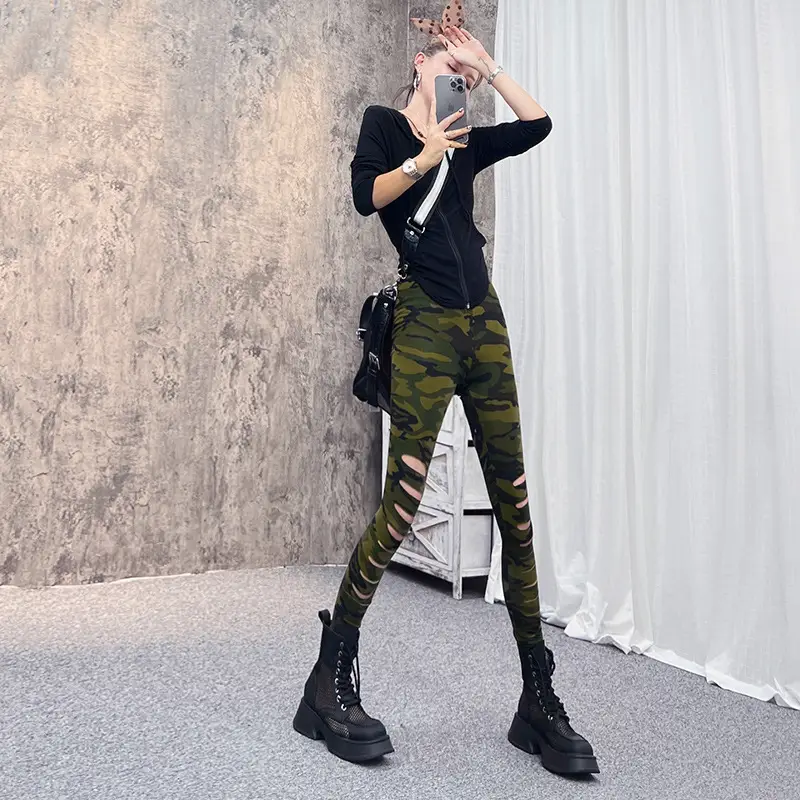 Women Camouflage Ripped Leg Pants Slim Fit 2025 - Image 4