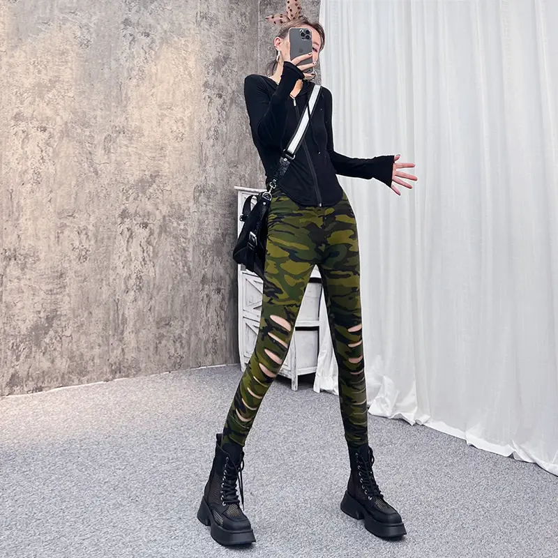 Women Camouflage Ripped Leg Pants Slim Fit 2025 — feature 9