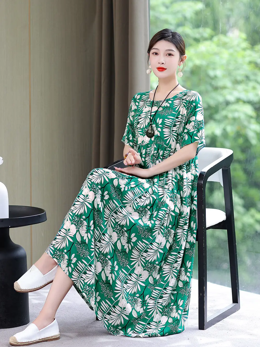 Women Green Long Skirt Dress Summer Elegant Cotton