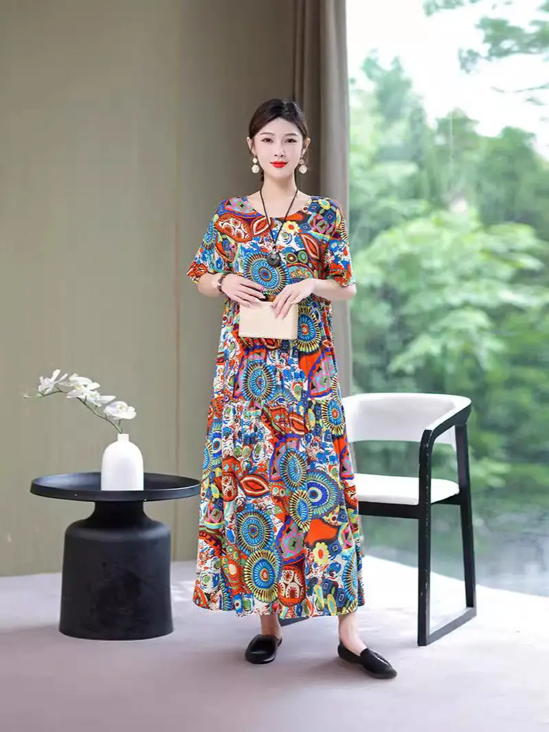Women Green Long Skirt Dress Summer Elegant Cotton